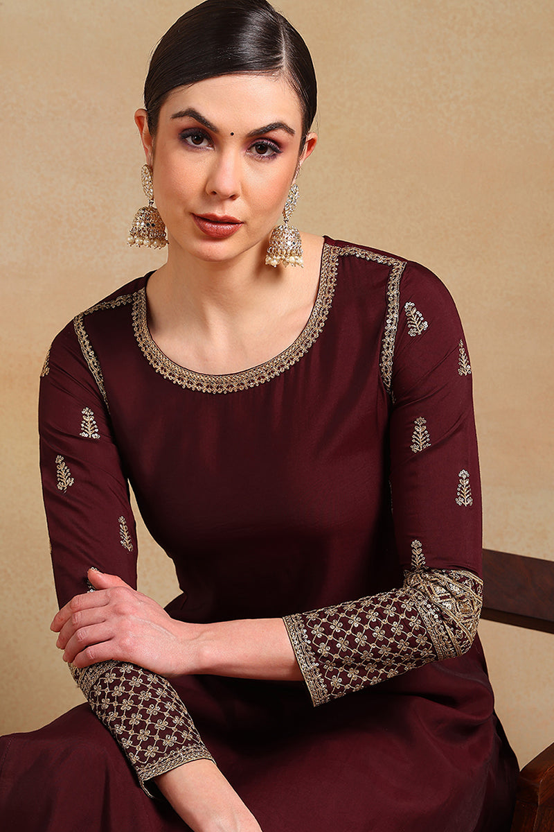 Burgundy-Silk-Blend-Solid-Embroidered-3-Piece-Kurta-Set