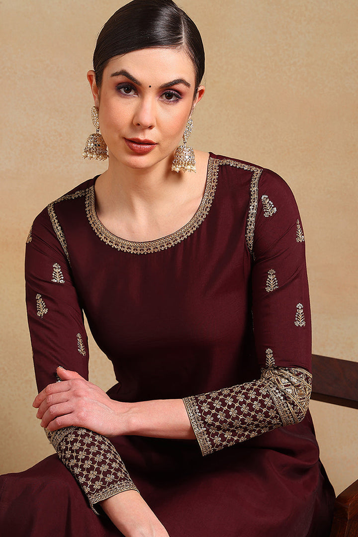 ZERESOUQ-Burgundy-Silk-Blend-Solid-Embroidered-3-Piece-Kurta-Set