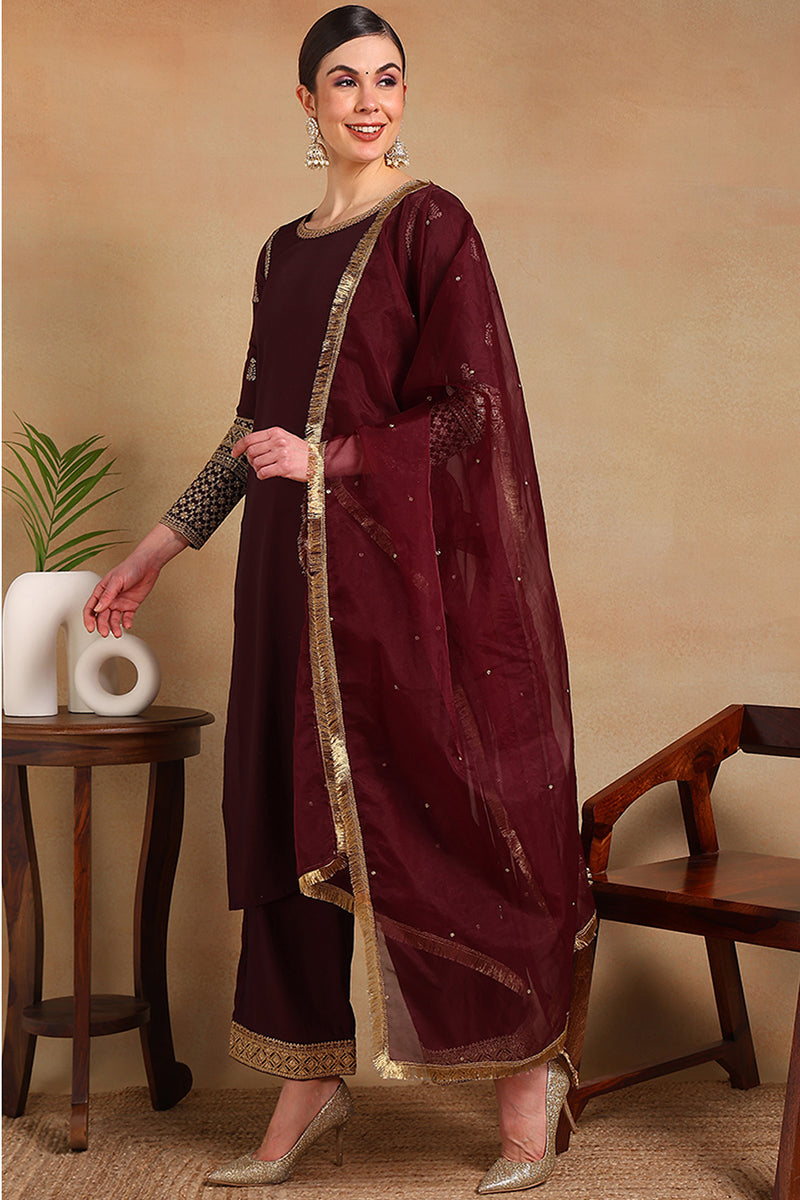 Burgundy-Silk-Blend-Solid-Embroidered-3-Piece-Kurta-Set