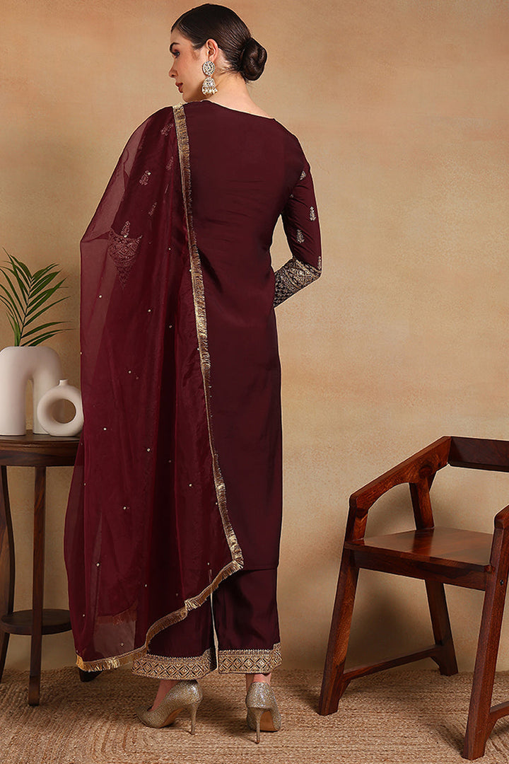 Burgundy-Silk-Blend-Solid-Embroidered-3-Piece-Kurta-Set