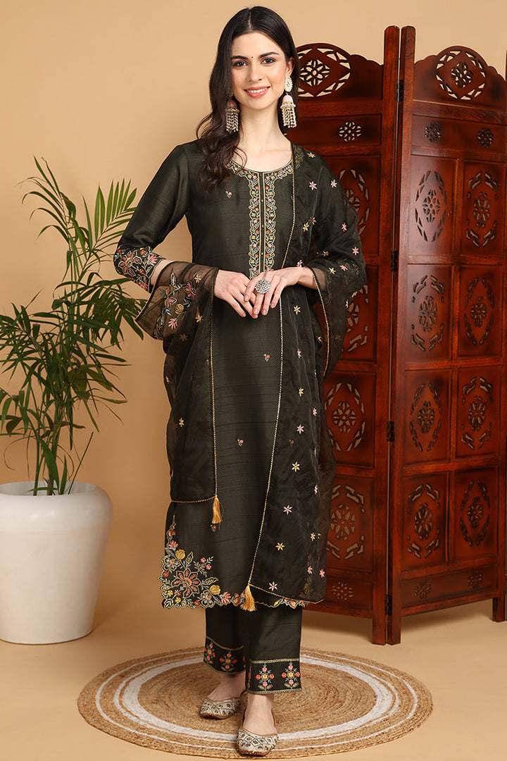 Olive-Green-Silk-Blend-Floral-Embroidered-Straight-Kurta-Set