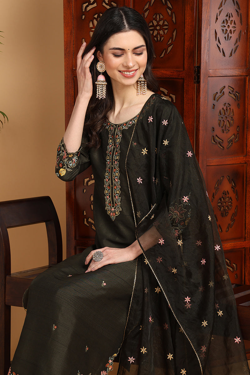 Olive-Green-Silk-Blend-Floral-Embroidered-Straight-Kurta-Set