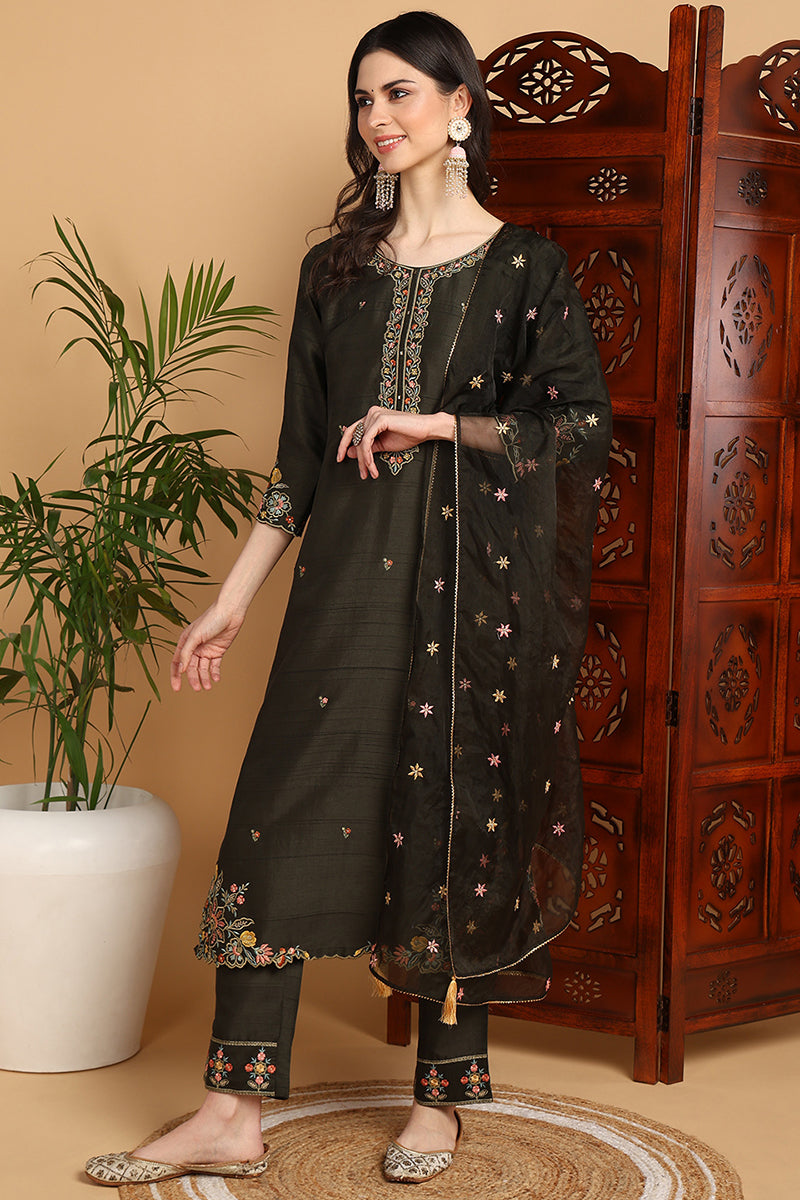 Olive-Green-Silk-Blend-Floral-Embroidered-Straight-Kurta-Set