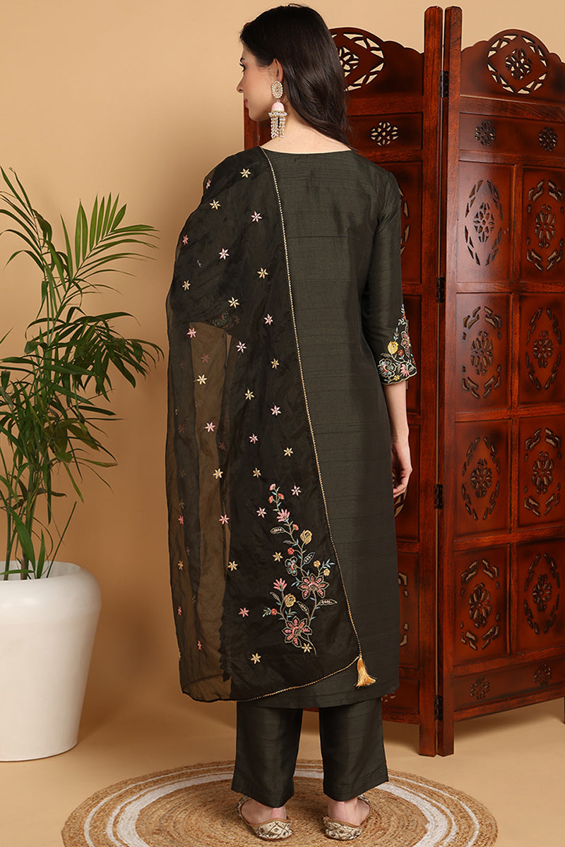 Olive-Green-Silk-Blend-Floral-Embroidered-Straight-Kurta-Set