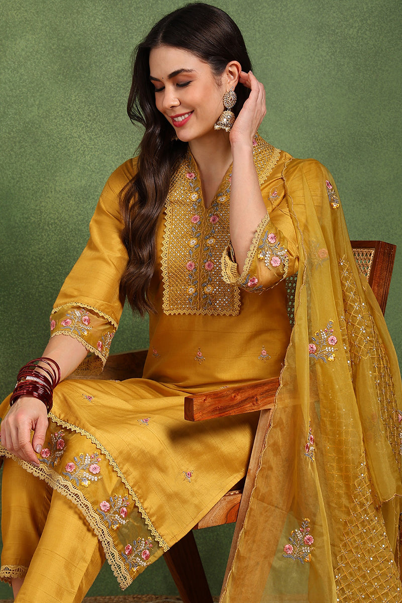 Mustard-Yellow-Silk-Blend-Floral-Embroidered-Straight-Kurta-Set