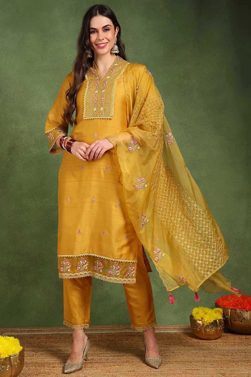 Mustard-Yellow-Silk-Blend-Floral-Embroidered-Straight-Kurta-Set
