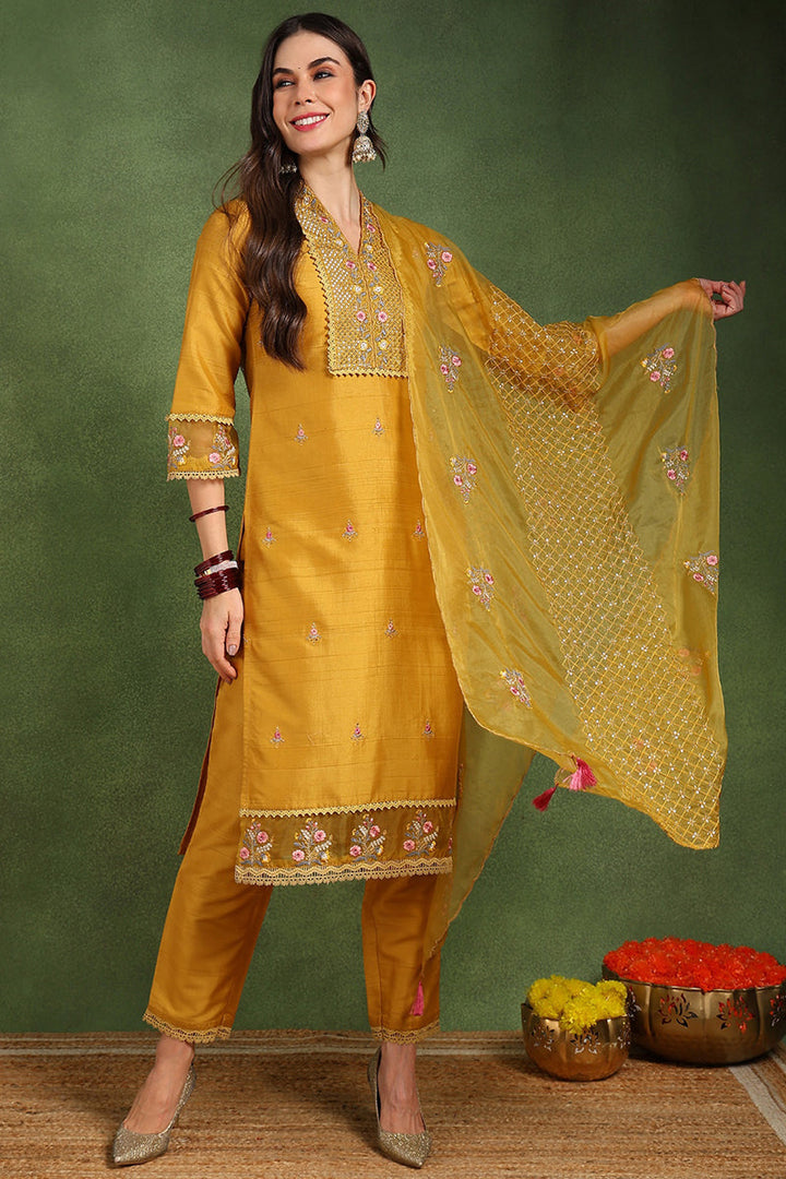 Mustard-Yellow-Silk-Blend-Floral-Embroidered-Straight-Kurta-Set