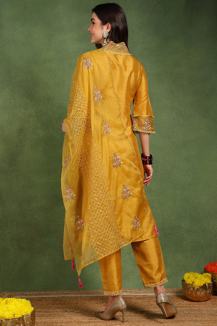 Mustard-Yellow-Silk-Blend-Floral-Embroidered-Straight-Kurta-Set