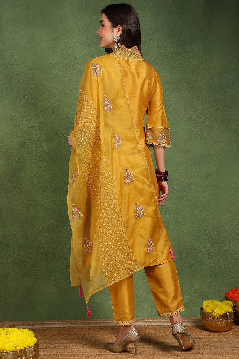 Mustard-Yellow-Silk-Blend-Floral-Embroidered-Straight-Kurta-Set
