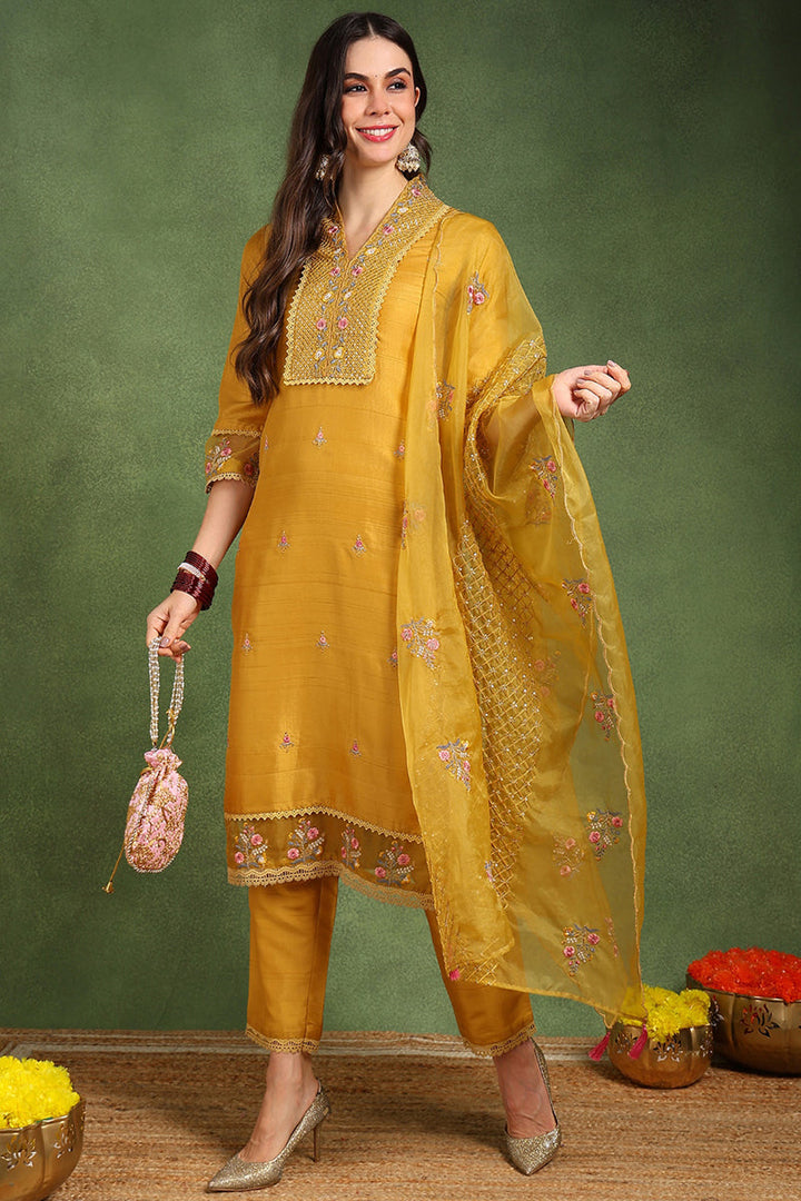 Mustard-Yellow-Silk-Blend-Floral-Embroidered-Straight-Kurta-Set