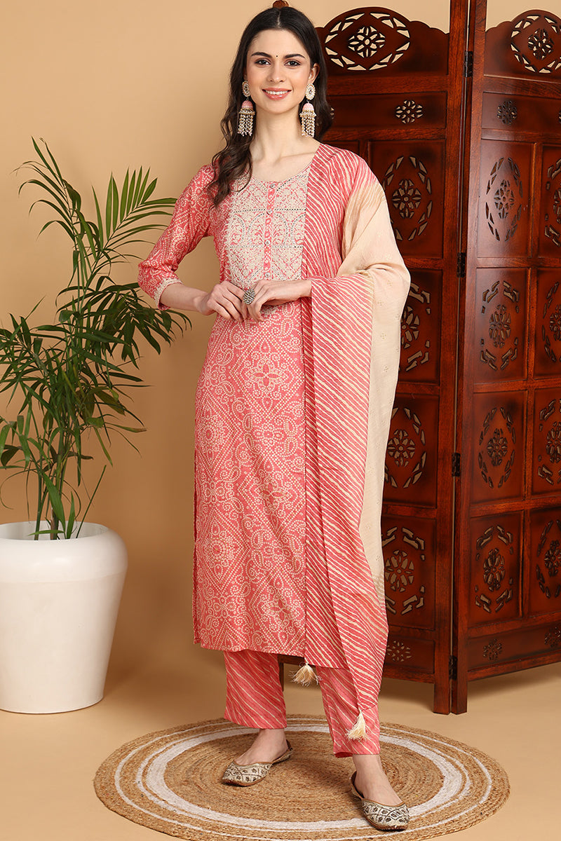 Peach-Viscose-Rayon-Bandhani-Printed-Straight-3-Piece-Kurta-Set