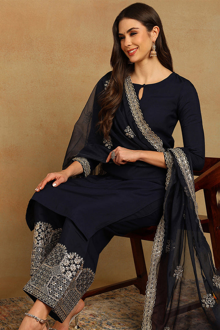 Navy-Blue-Silk-Blend-Solid-Embroidered-Straight-Kurta-Set
