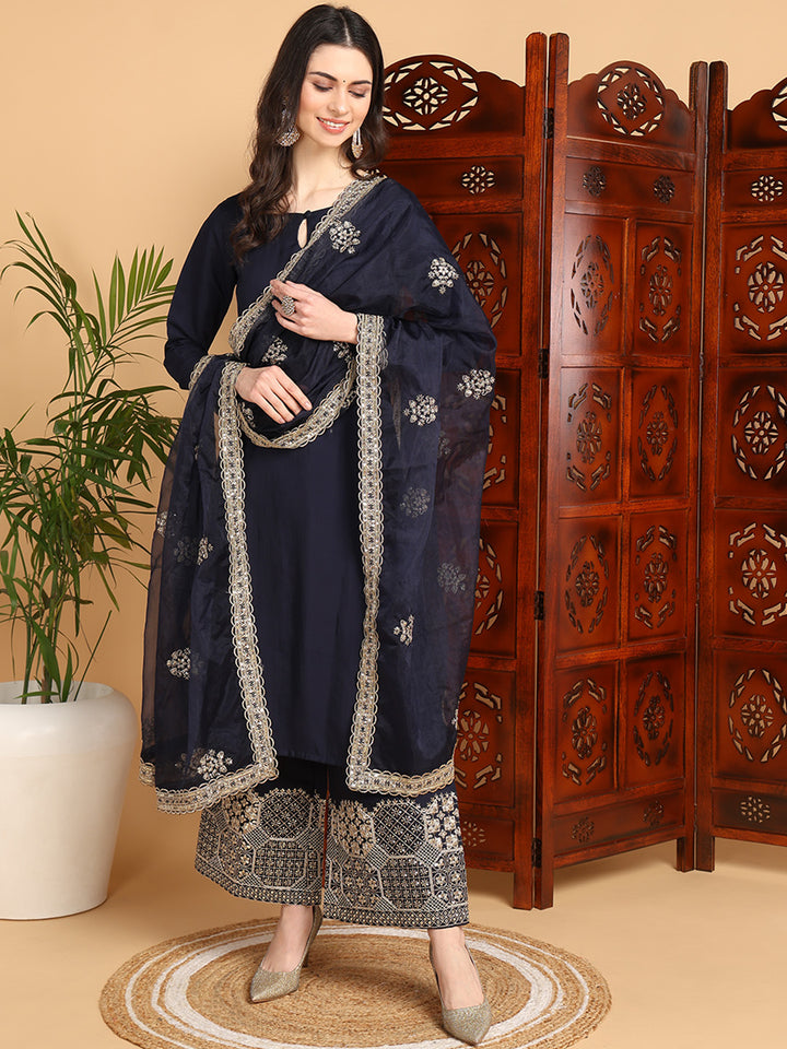 Navy Blue Silk Blend Solid Solid Straight Kurta Palazzo With Dupatta