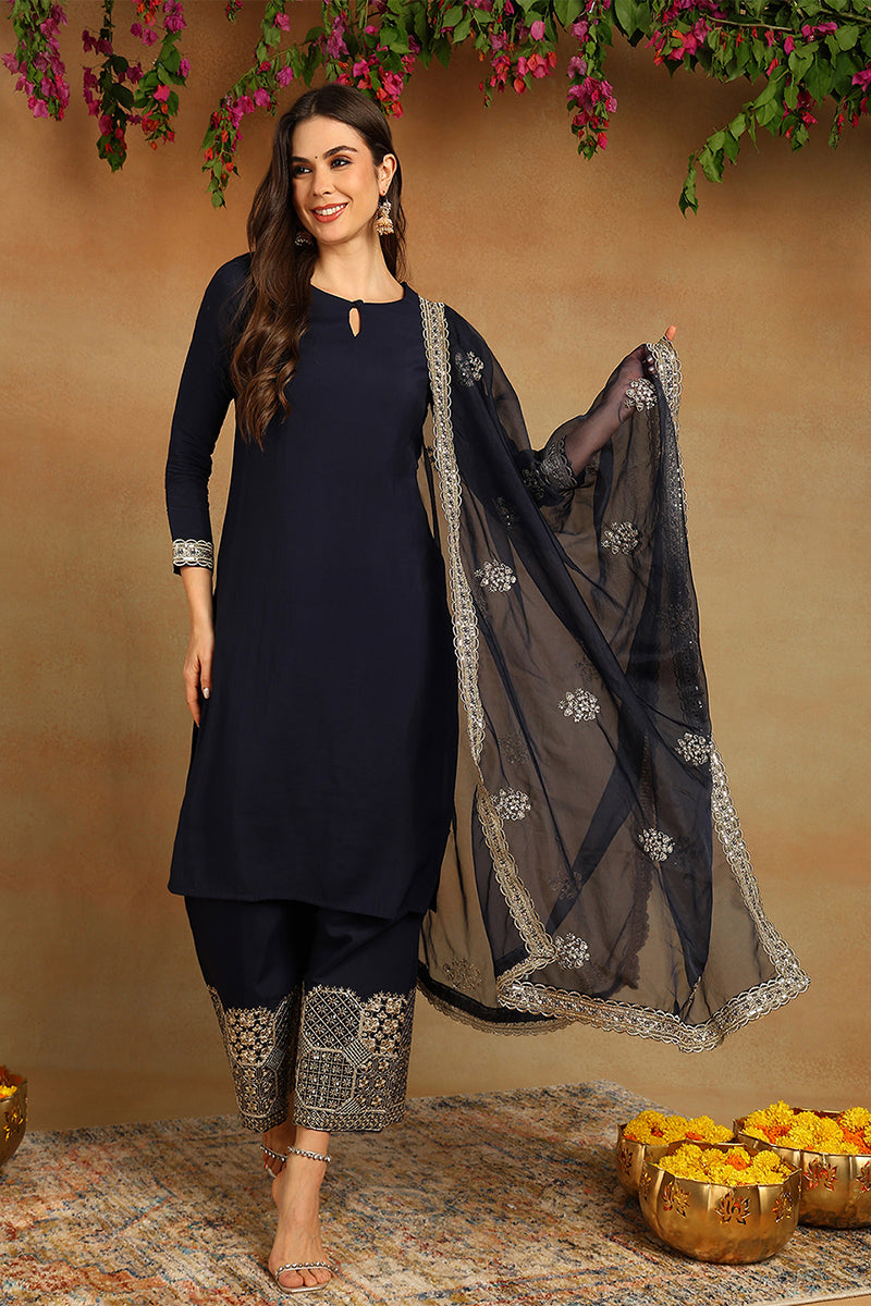 Navy-Blue-Silk-Blend-Solid-Embroidered-Straight-Kurta-Set