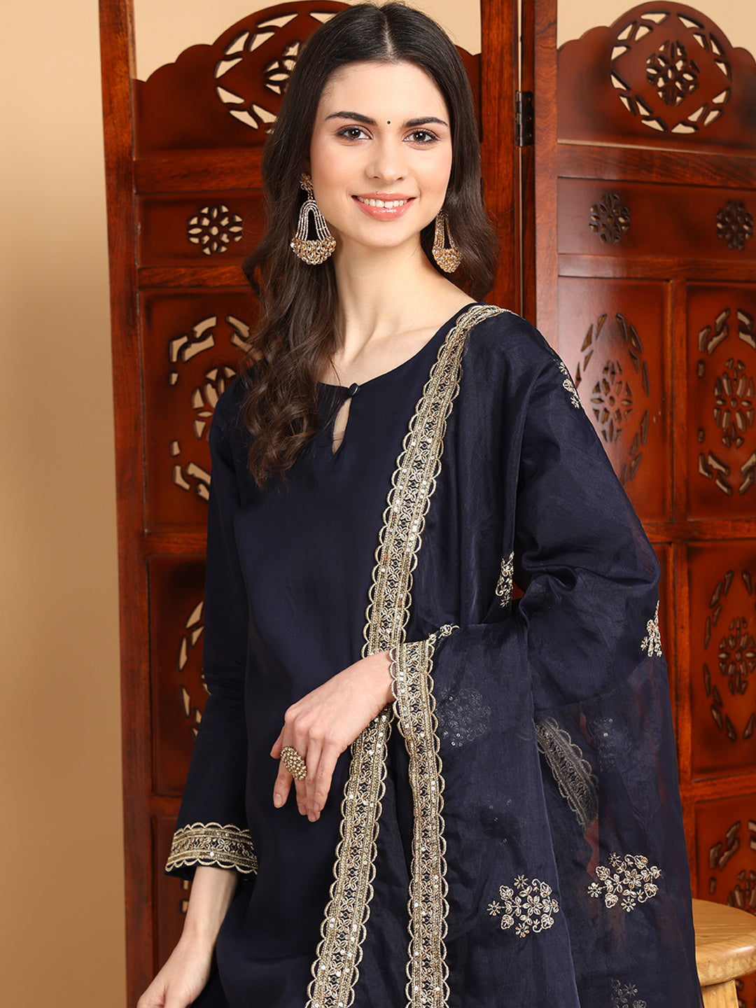 Navy Blue Silk Blend Solid Solid Straight Kurta Palazzo With Dupatta