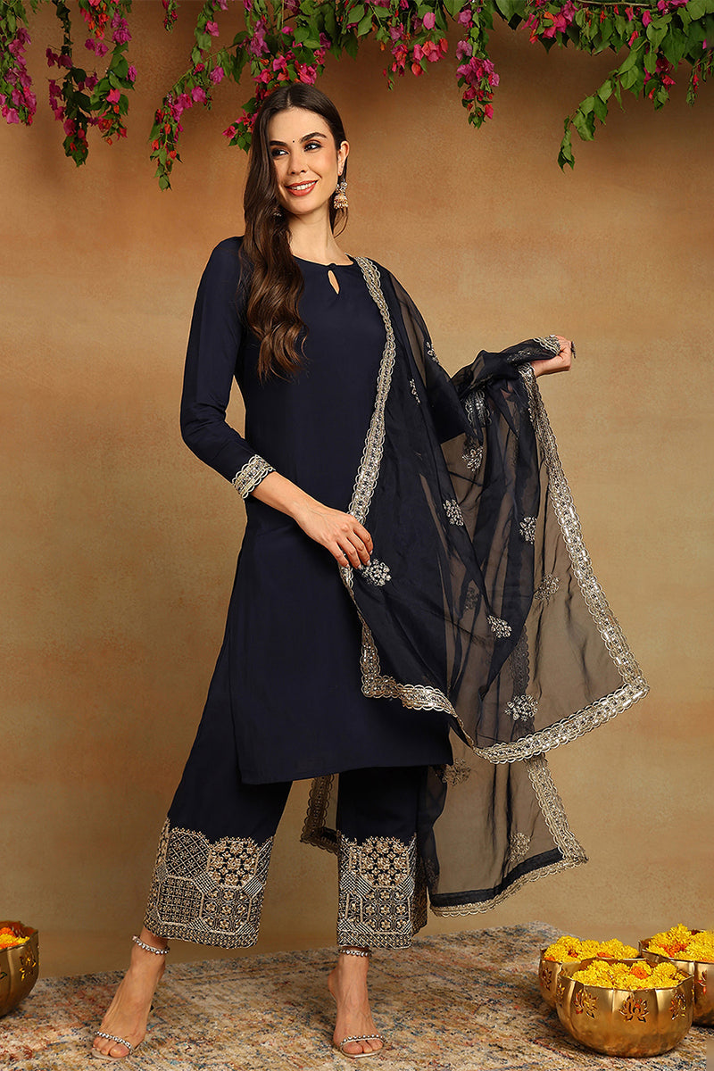 Navy-Blue-Silk-Blend-Solid-Embroidered-Straight-Kurta-Set