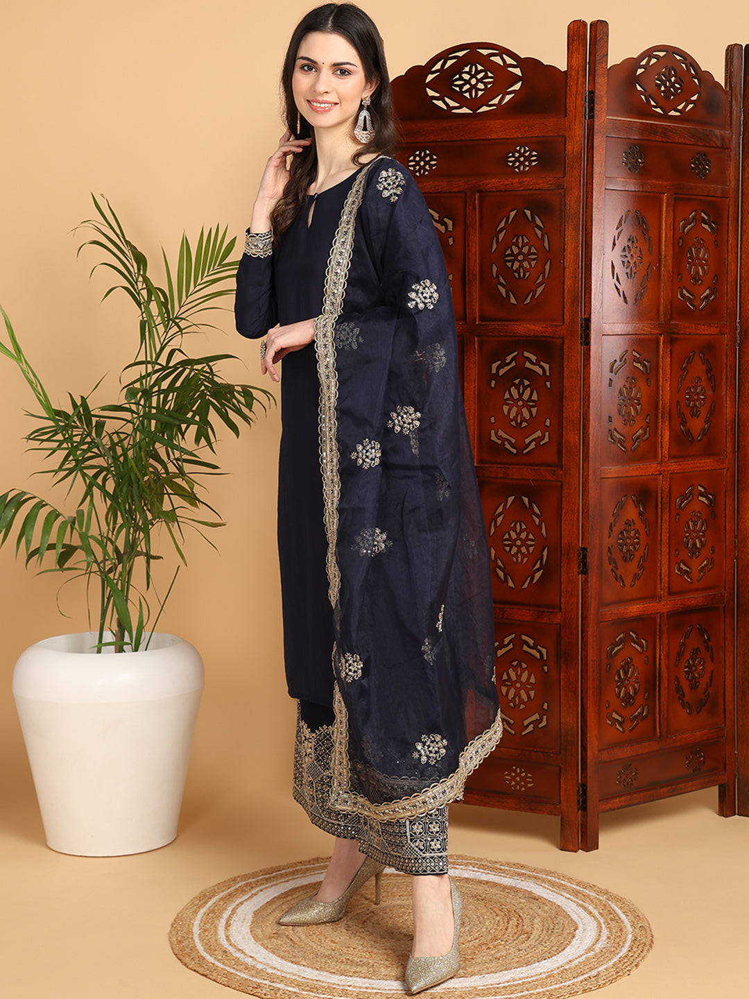 Navy Blue Silk Blend Solid Solid Straight Kurta Palazzo With Dupatta