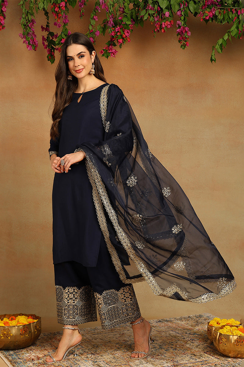 Navy-Blue-Silk-Blend-Solid-Embroidered-Straight-Kurta-Set