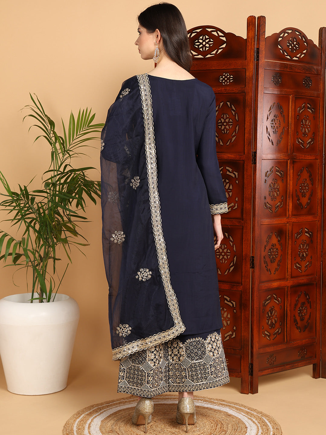 Navy Blue Silk Blend Solid Solid Straight Kurta Palazzo With Dupatta