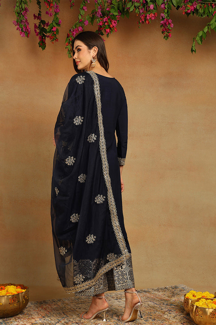 Navy-Blue-Silk-Blend-Solid-Embroidered-Straight-Kurta-Set