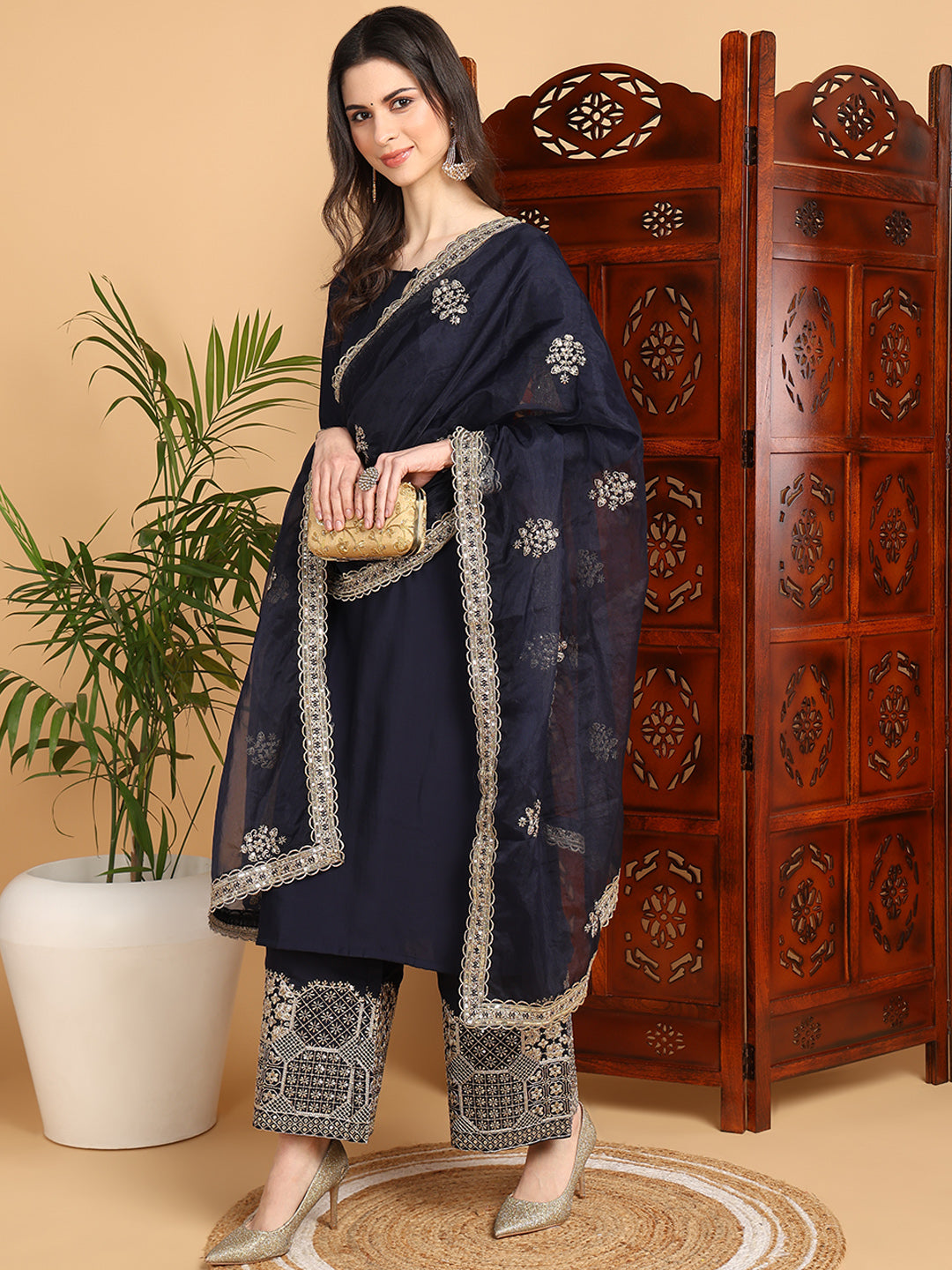 Navy Blue Silk Blend Solid Solid Straight Kurta Palazzo With Dupatta