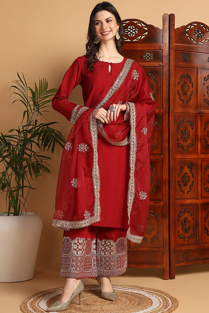 Maroon-Silk-Blend-Solid-Embroidered-Straight-Kurta-Set