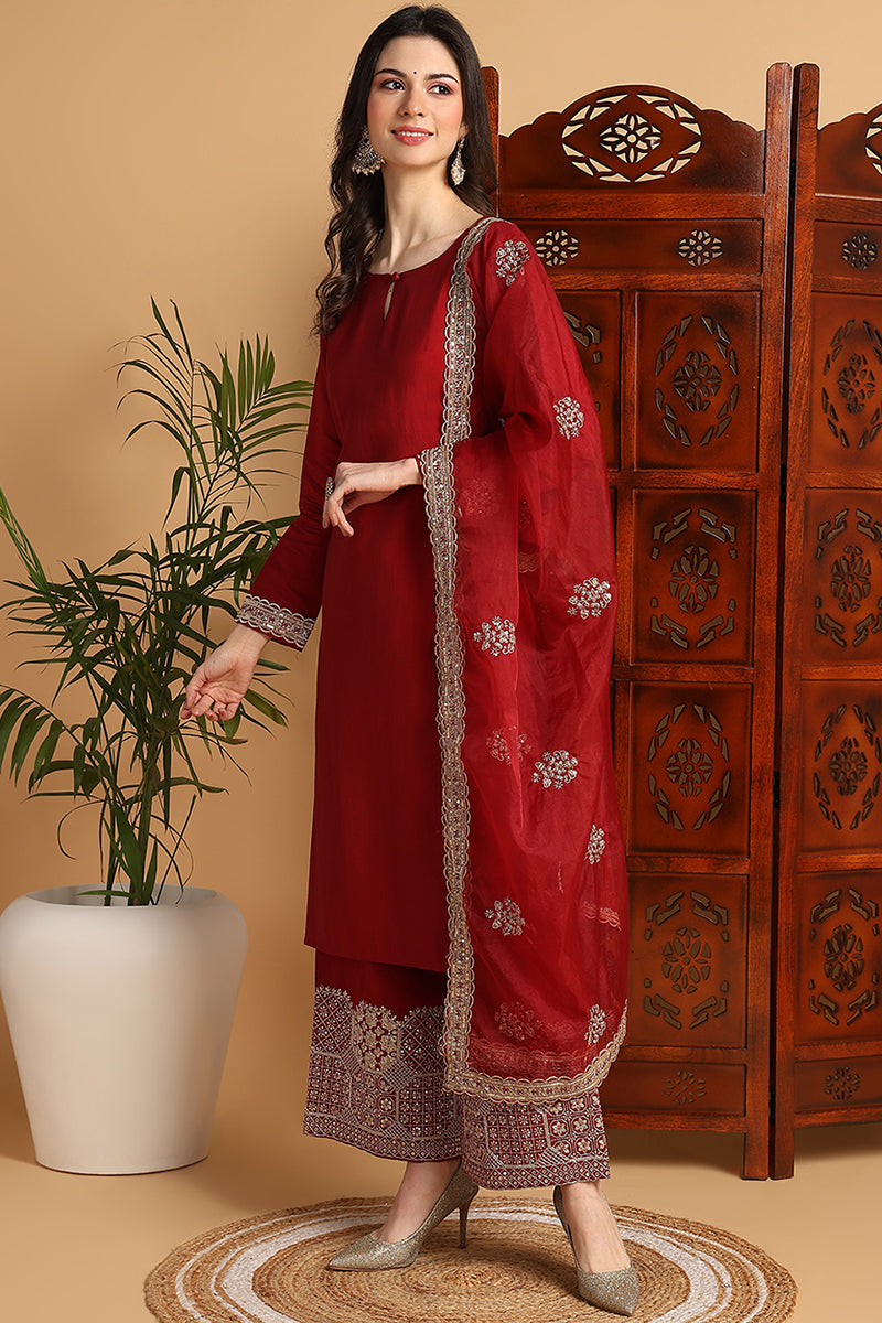 Maroon-Silk-Blend-Solid-Embroidered-Straight-Kurta-Set