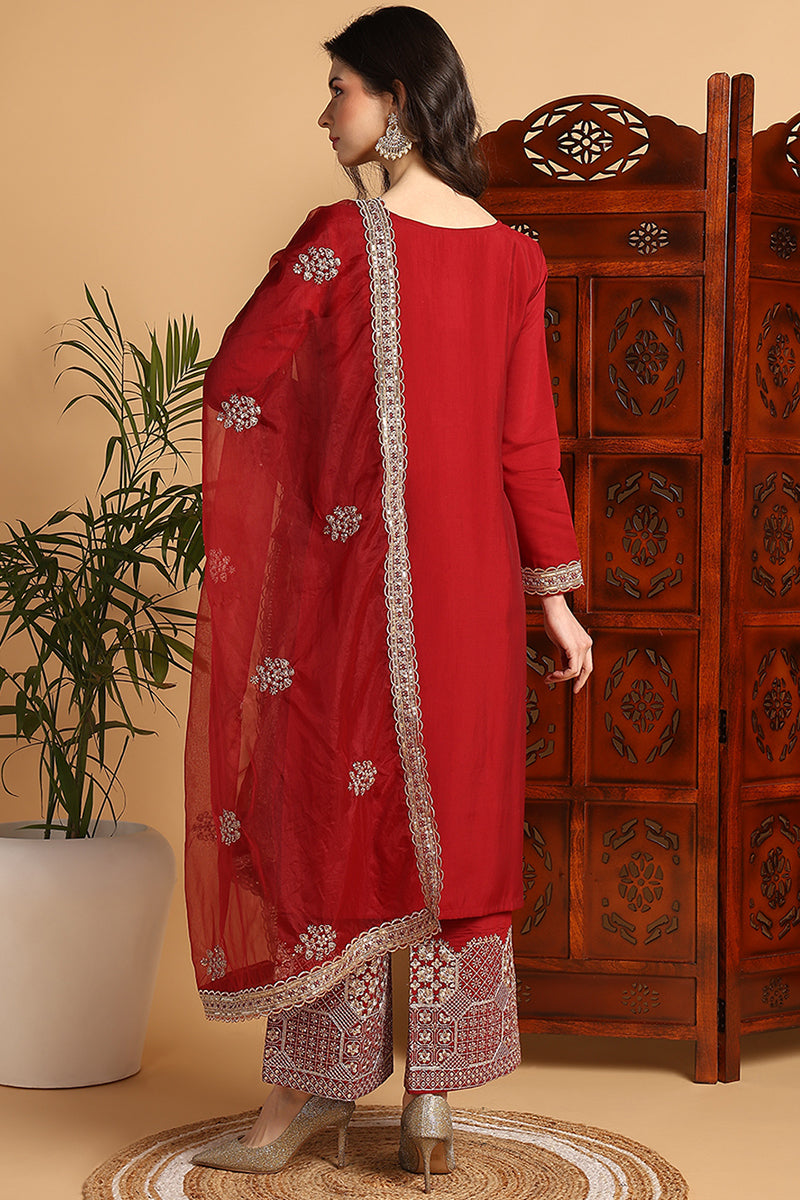 Maroon-Silk-Blend-Solid-Embroidered-Straight-Kurta-Set