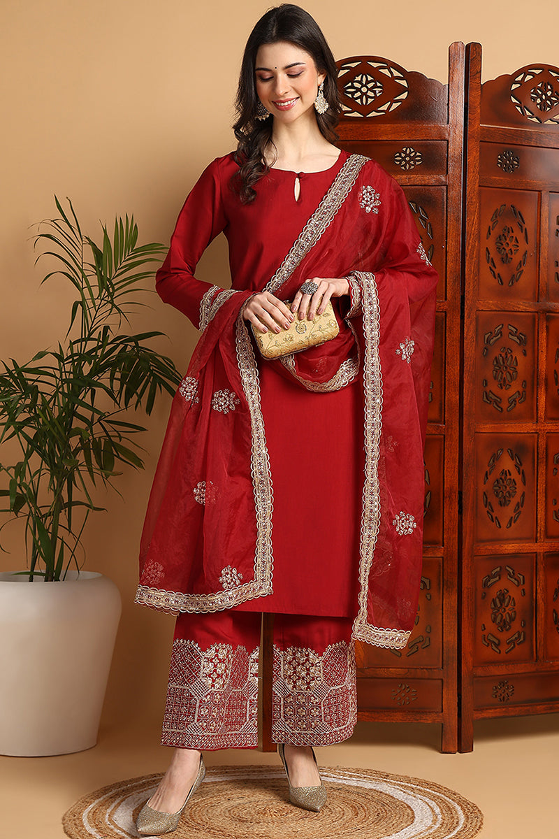 Maroon-Silk-Blend-Solid-Embroidered-Straight-Kurta-Set
