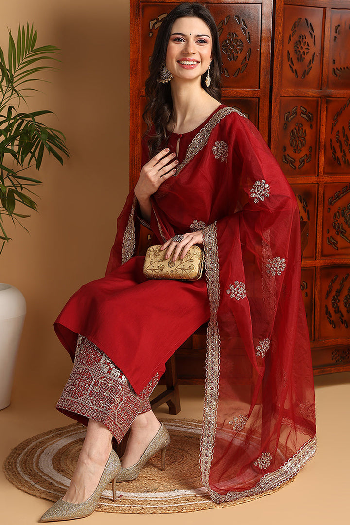 Maroon-Silk-Blend-Solid-Embroidered-Straight-Kurta-Set