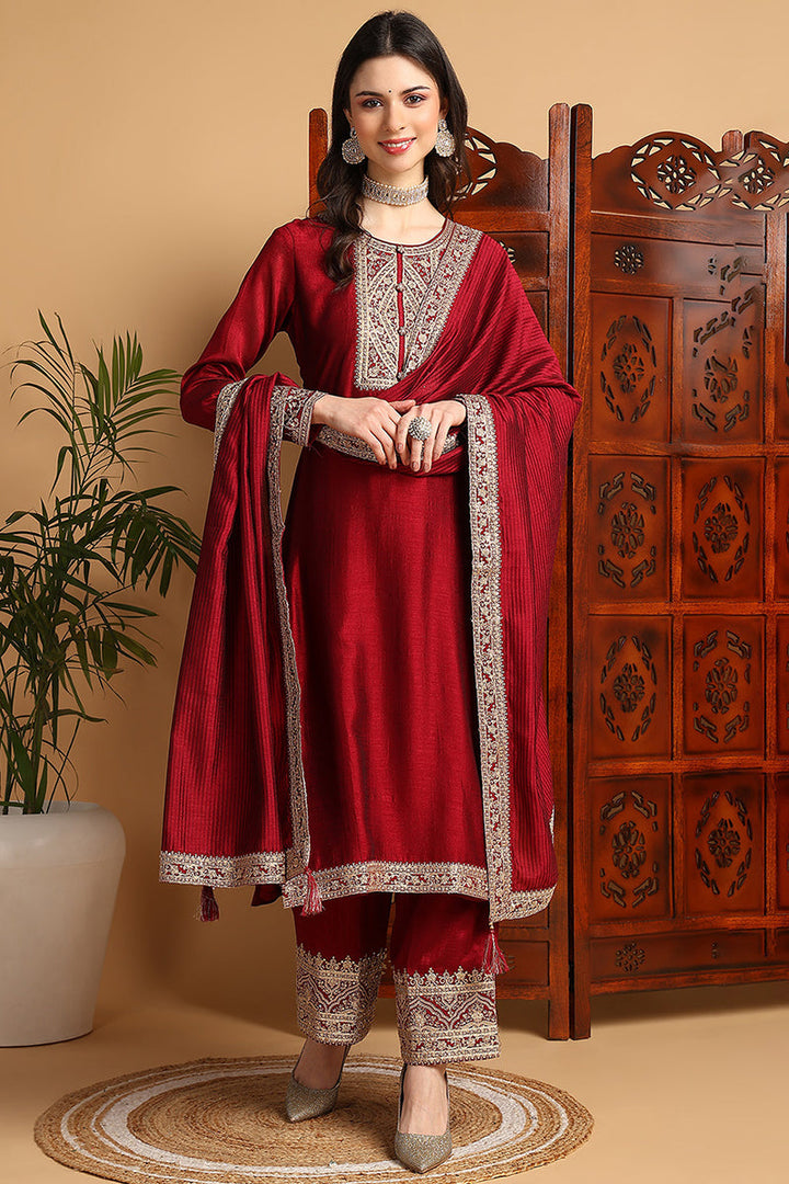 Maroon-Silk-Blend-Solid-Embroidered-Straight-Kurta-Set