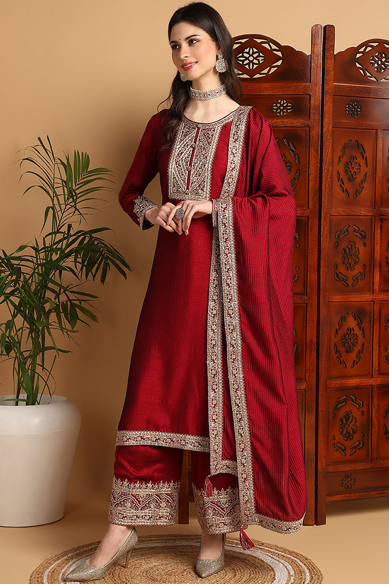 Maroon-Silk-Blend-Solid-Embroidered-Straight-Kurta-Set