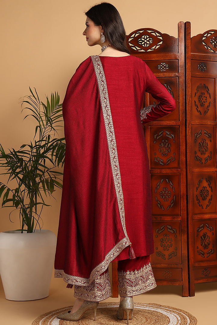 Maroon-Silk-Blend-Solid-Embroidered-Straight-Kurta-Set