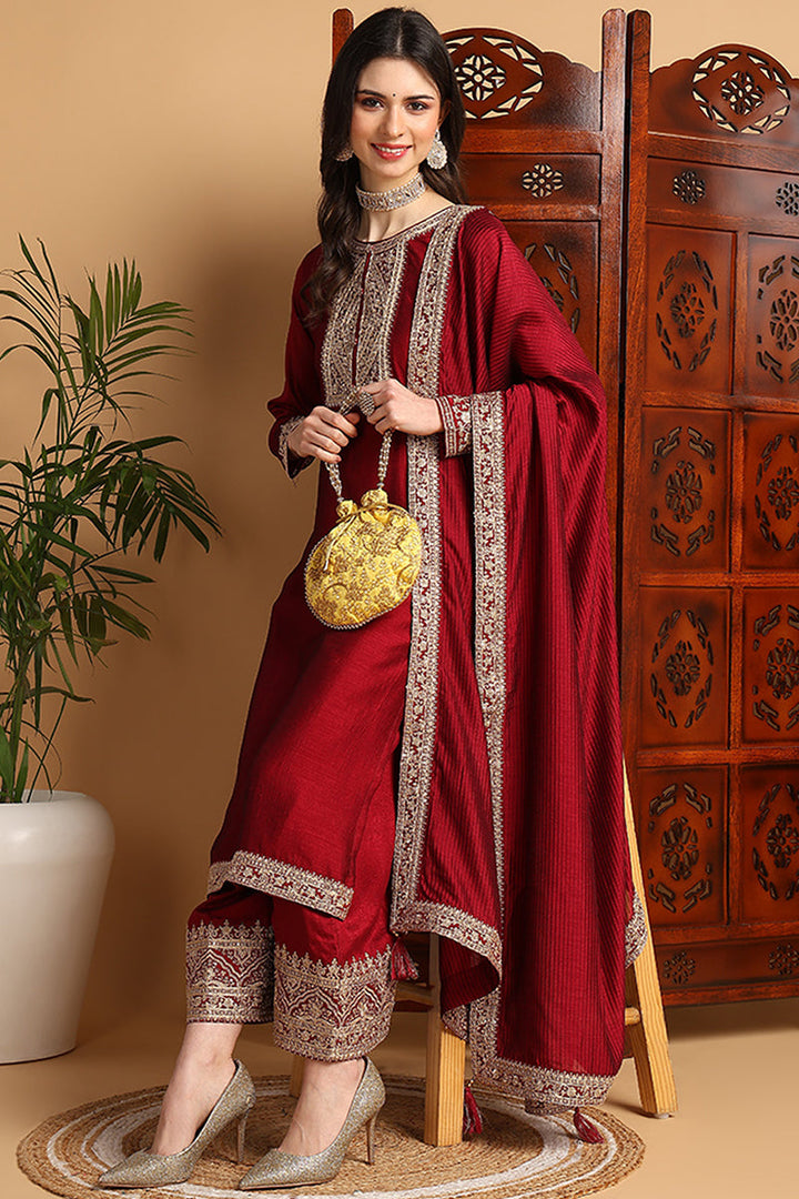 Maroon-Silk-Blend-Solid-Embroidered-Straight-Kurta-Set