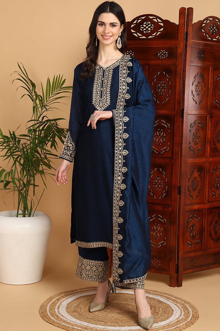 Navy-Blue-Silk-Blend-Solid-Embroidered-Straight-Kurta-Set