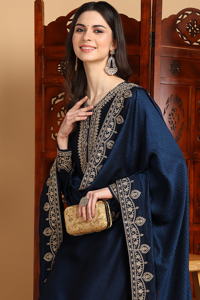 Navy-Blue-Silk-Blend-Solid-Embroidered-Straight-Kurta-Set