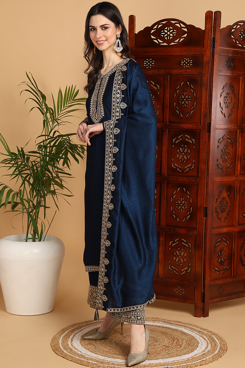Navy-Blue-Silk-Blend-Solid-Embroidered-Straight-Kurta-Set