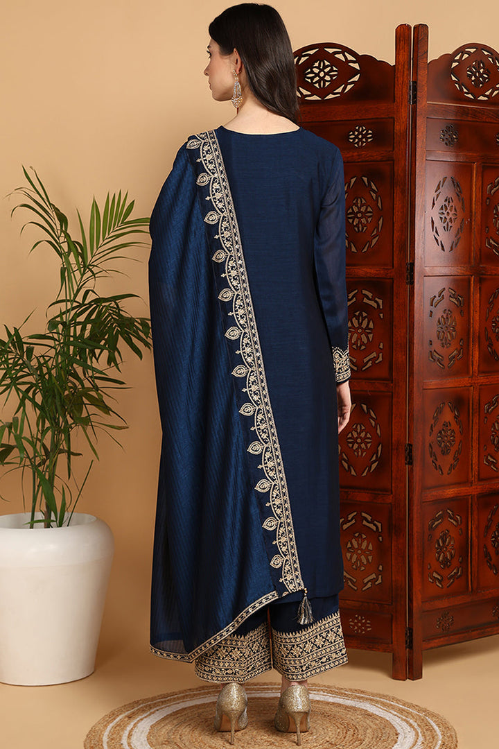 Navy-Blue-Silk-Blend-Solid-Embroidered-Straight-Kurta-Set