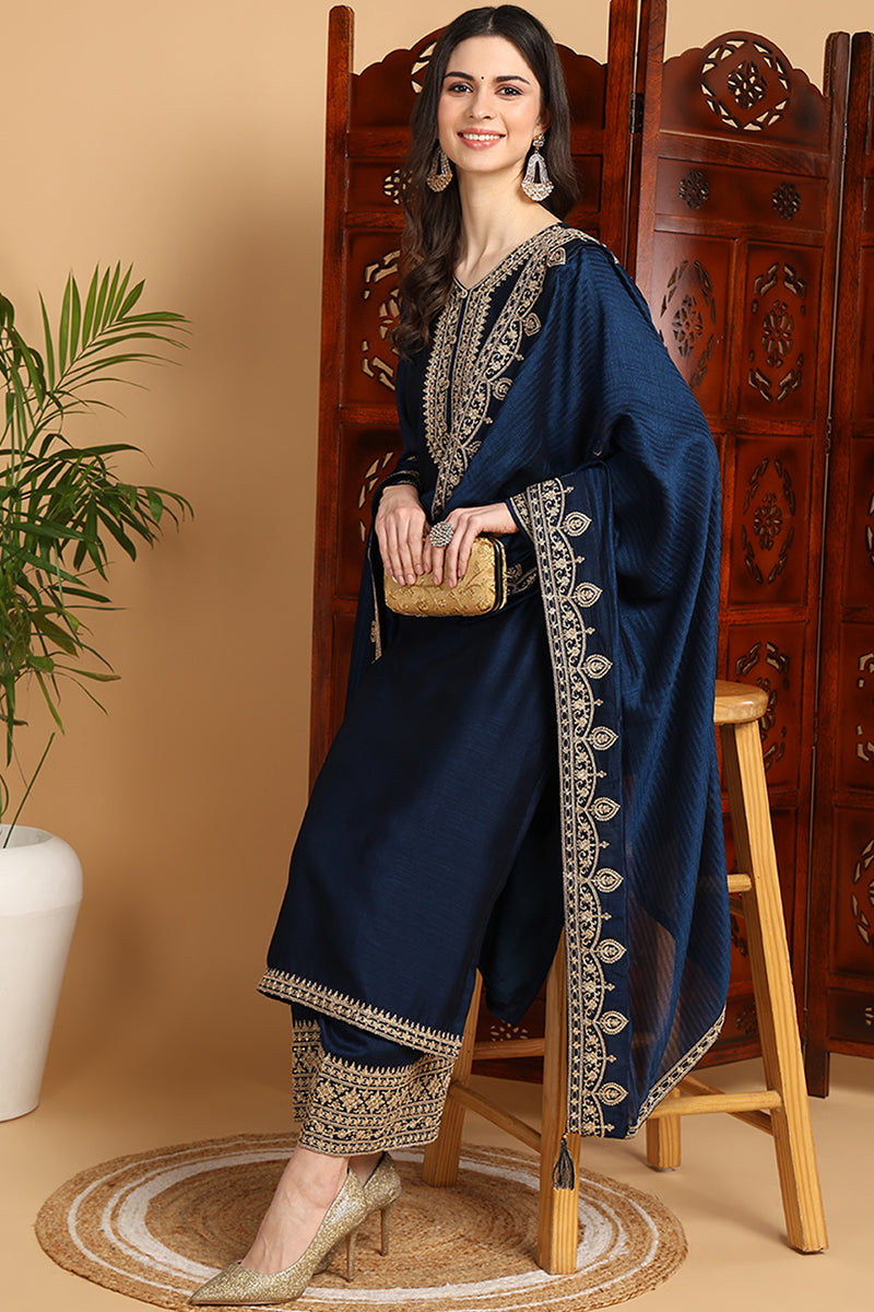 Navy-Blue-Silk-Blend-Solid-Embroidered-Straight-Kurta-Set