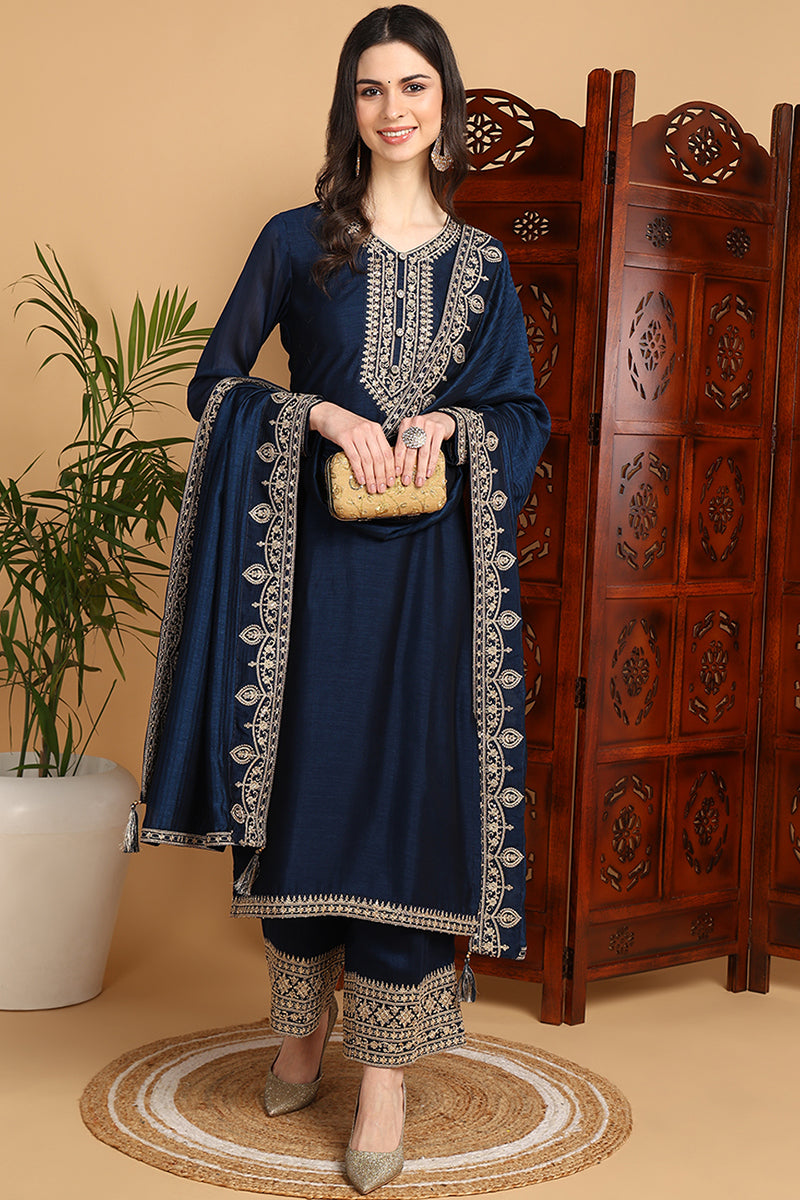 Navy-Blue-Silk-Blend-Solid-Embroidered-Straight-Kurta-Set