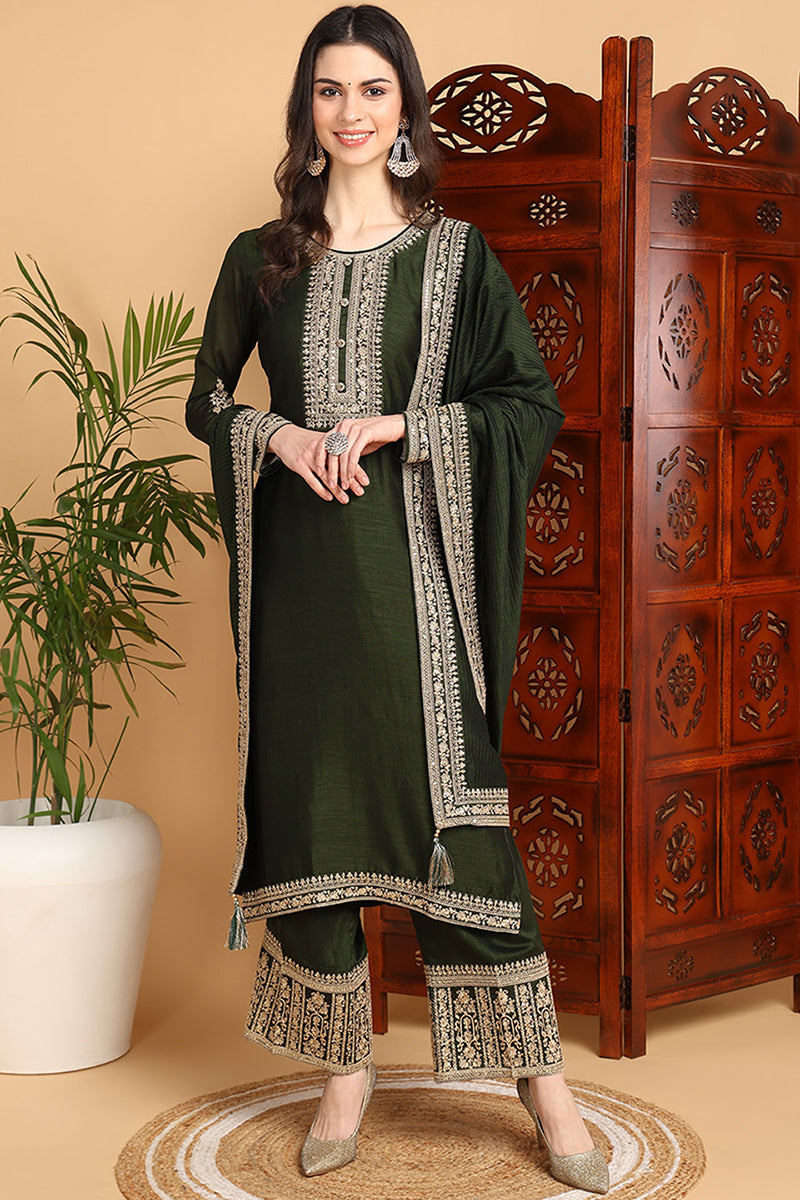 Green-Silk-Blend-Solid-Embroidered-Straight-Style-Kurta-Set