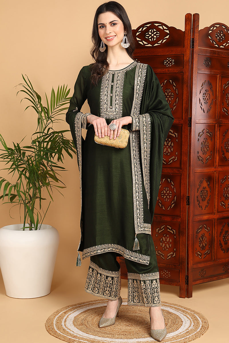 Green-Silk-Blend-Solid-Embroidered-Straight-Style-Kurta-Set