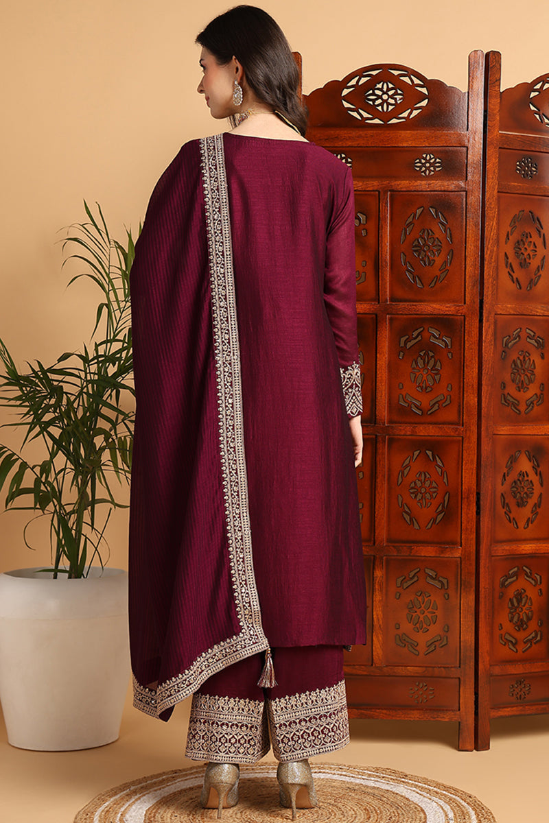 Wine-Silk-Blend-Solid-Embroidered-Straight-3-Piece-Kurta-Set