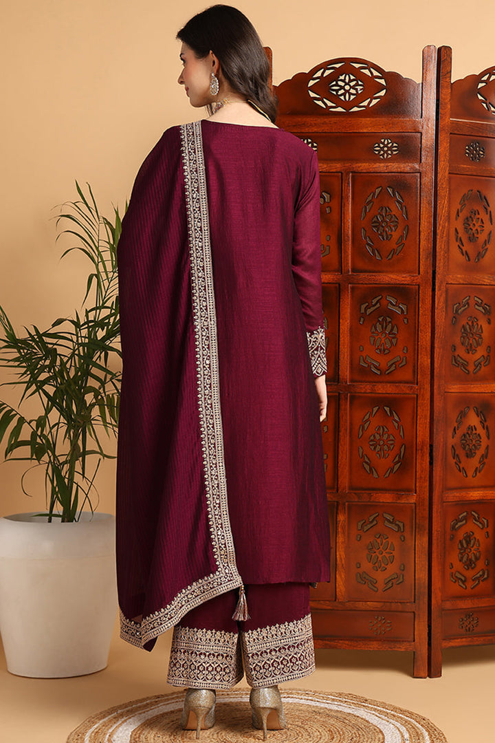 Wine-Silk-Blend-Solid-Embroidered-Straight-3-Piece-Kurta-Set