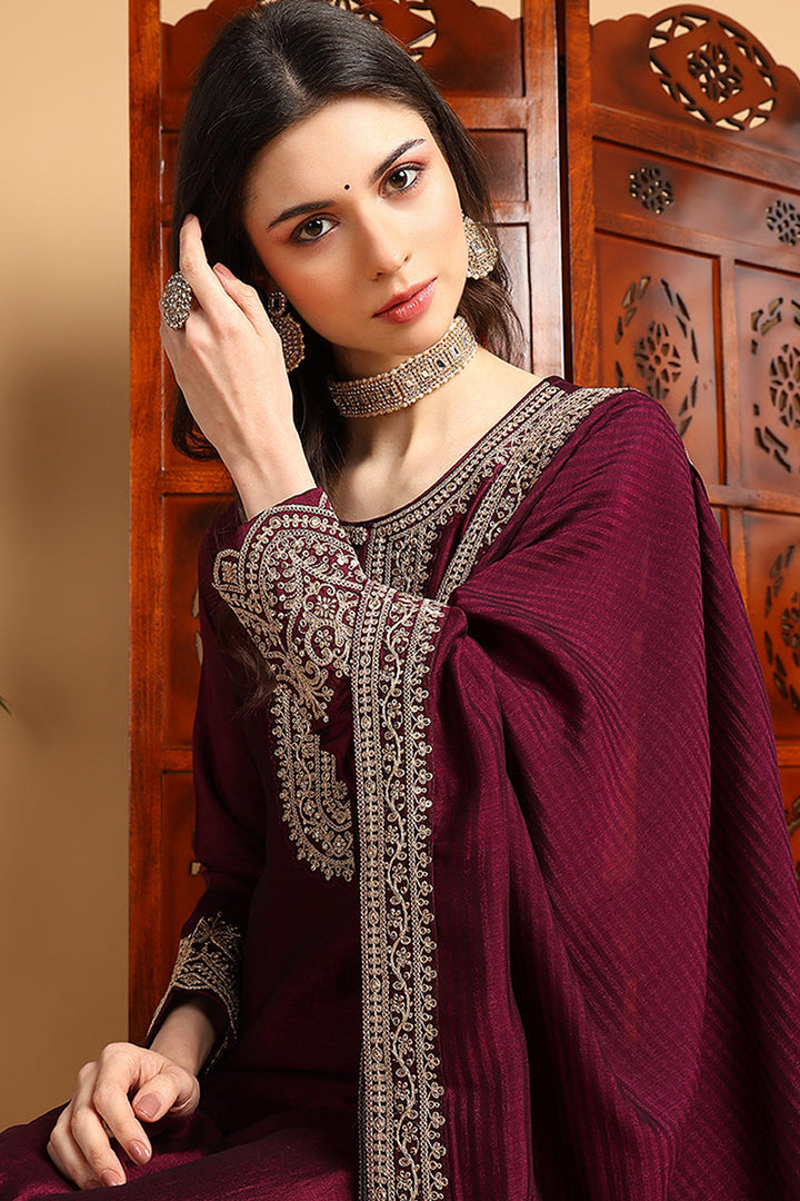 Wine-Silk-Blend-Solid-Embroidered-Straight-3-Piece-Kurta-Set