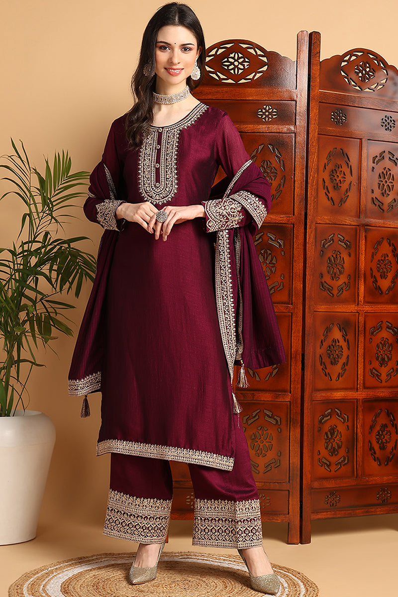 Wine-Silk-Blend-Solid-Embroidered-Straight-3-Piece-Kurta-Set