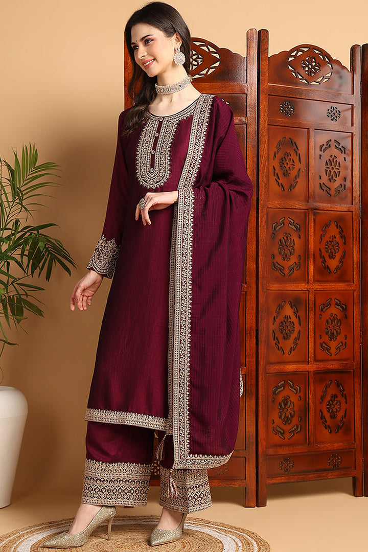 Wine-Silk-Blend-Solid-Embroidered-Straight-3-Piece-Kurta-Set