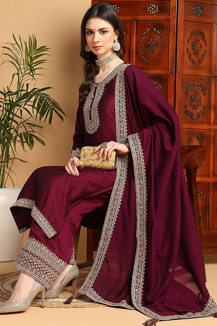Wine-Silk-Blend-Solid-Embroidered-Straight-3-Piece-Kurta-Set