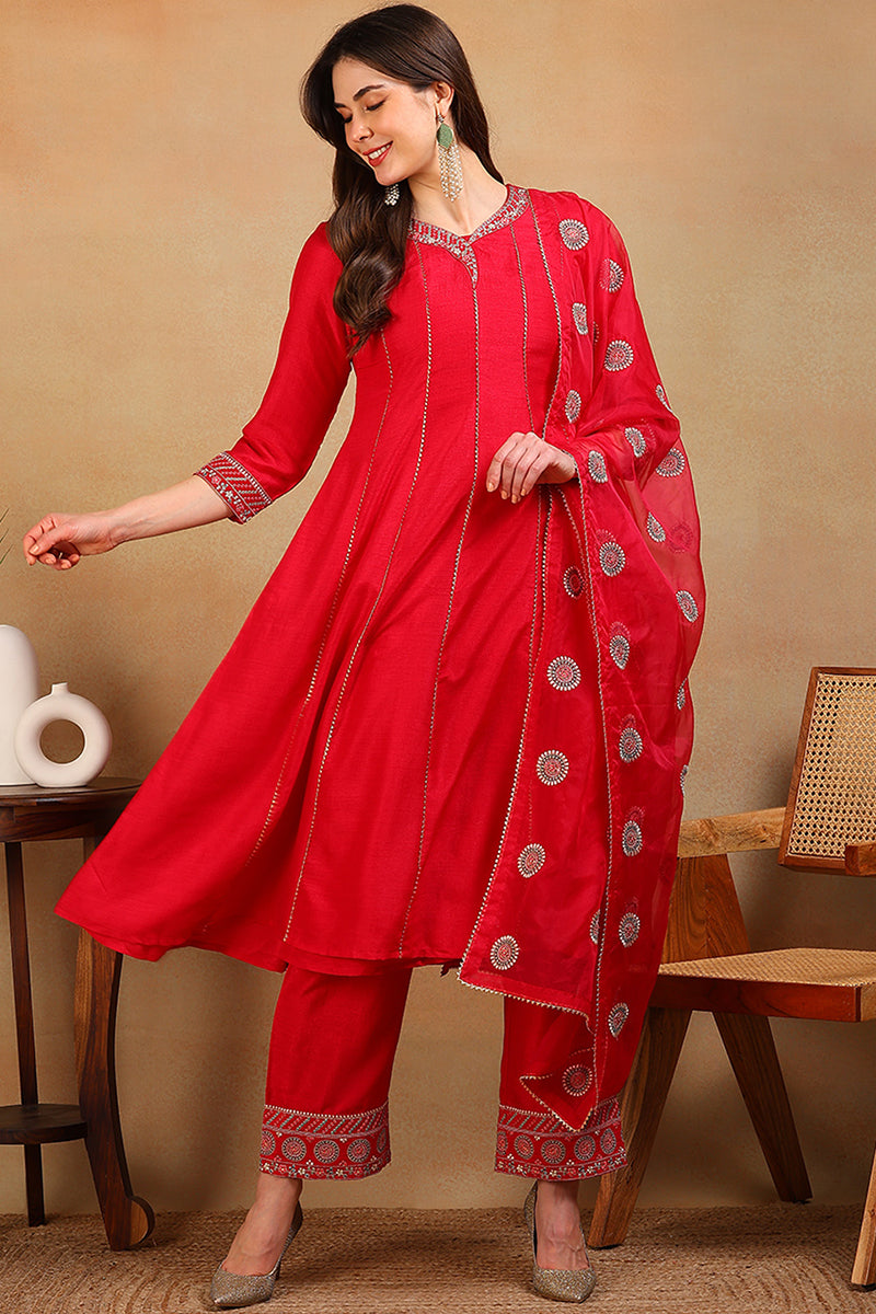 Red-Silk-Blend-Embroidered-Flared-Empire-3-Piece-Kurta-Set