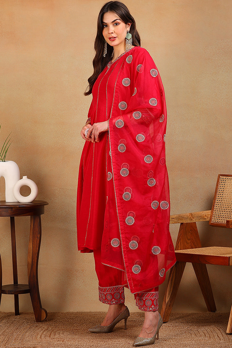 Red-Silk-Blend-Embroidered-Flared-Empire-3-Piece-Kurta-Set